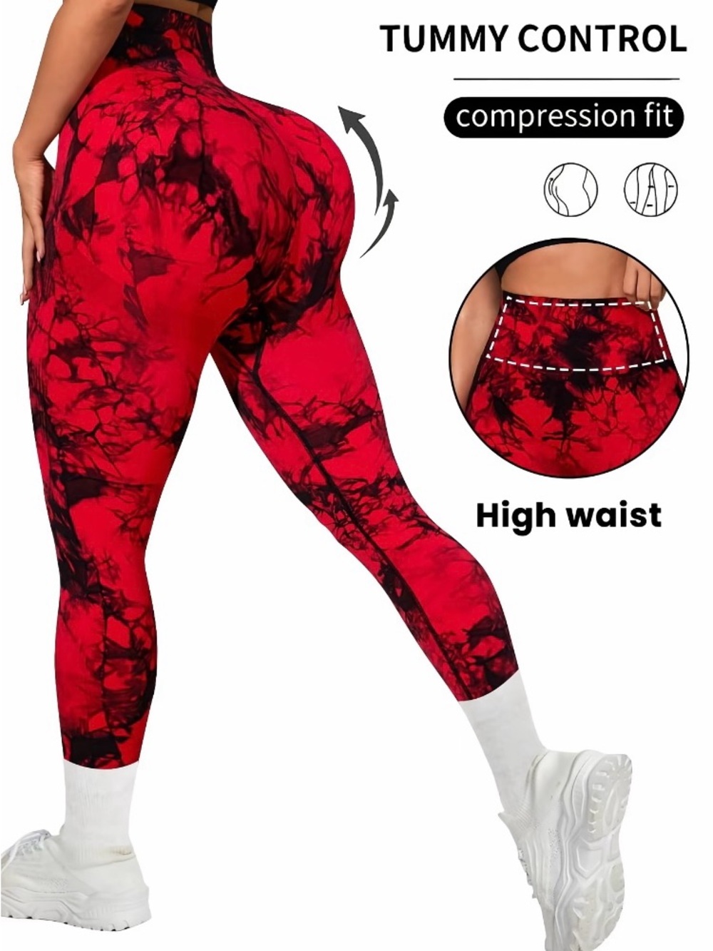 Women’s NEW Set of 2 Seamless Stretchy Tie-Dye Leggings - Red Black Light Blue